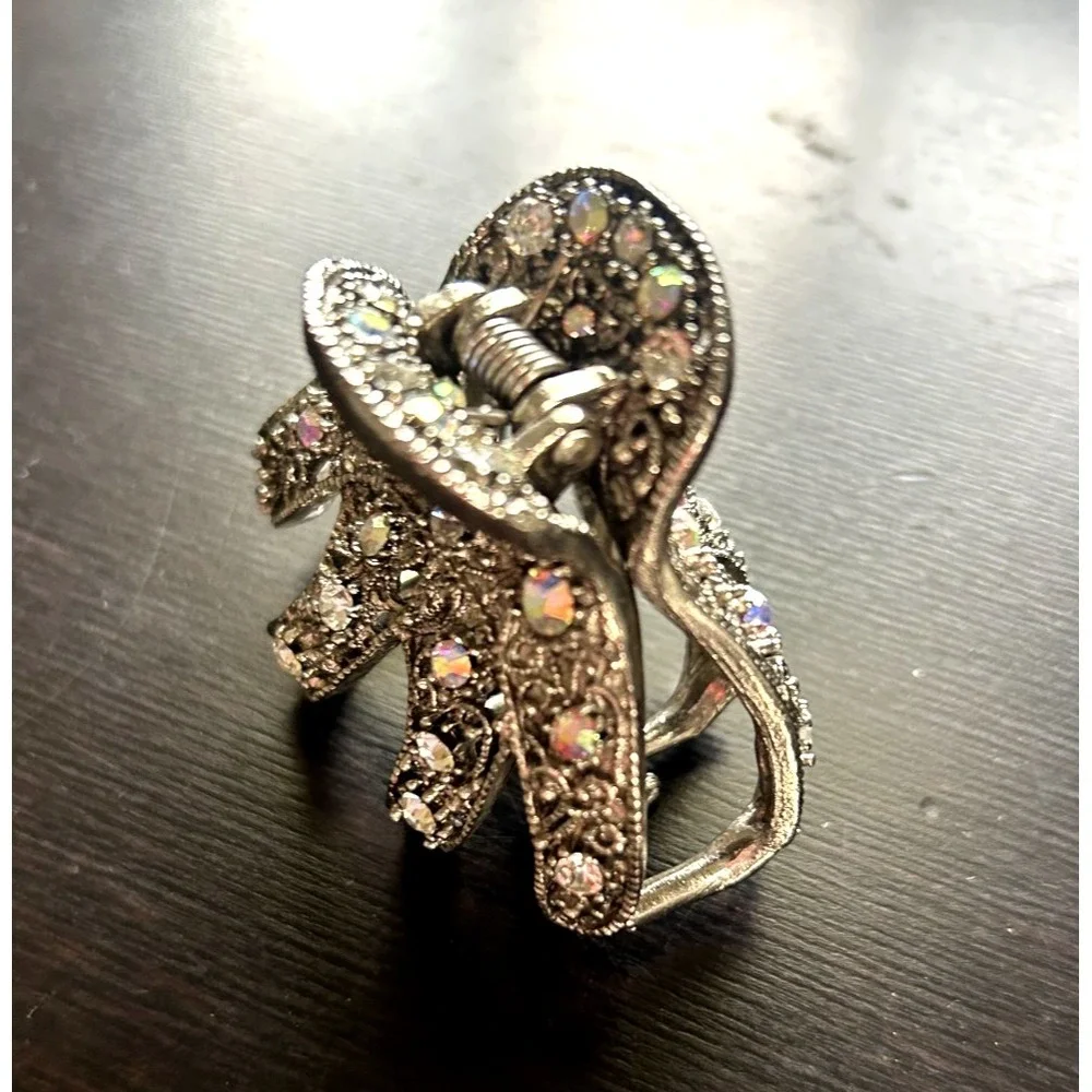 Silver Tone Rhinestone Hair Claw Clip Crystal Hair Accessory Large - Wedding